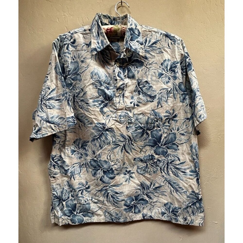 Go Barefoot Men's Ivory Blue Floral Short Sleeve Pullover Hawaiian Shirt Large